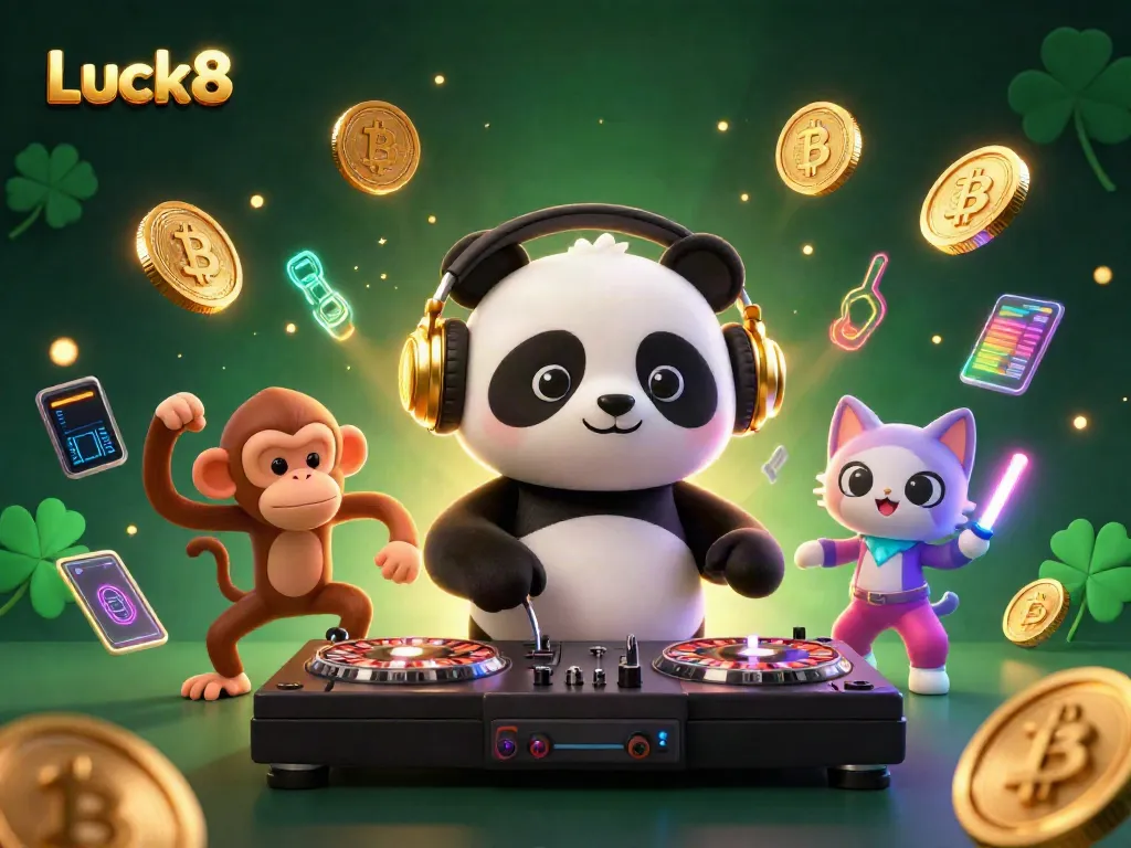 Experience the vibrant energy of Luck8 with a DJ panda, breakdancing monkey, and rave kitten amidst casino-themed visuals.