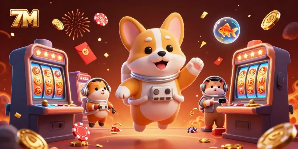 Engage with 7M casino gaming excitement through a vibrant, floating 3D adventure featuring animated characters and winning symbols.