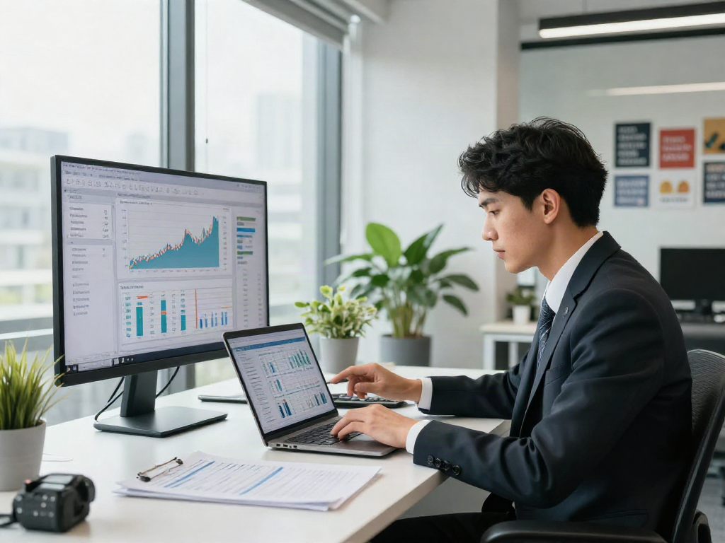 Professional analyzing strategies to deposit 10k in modern office