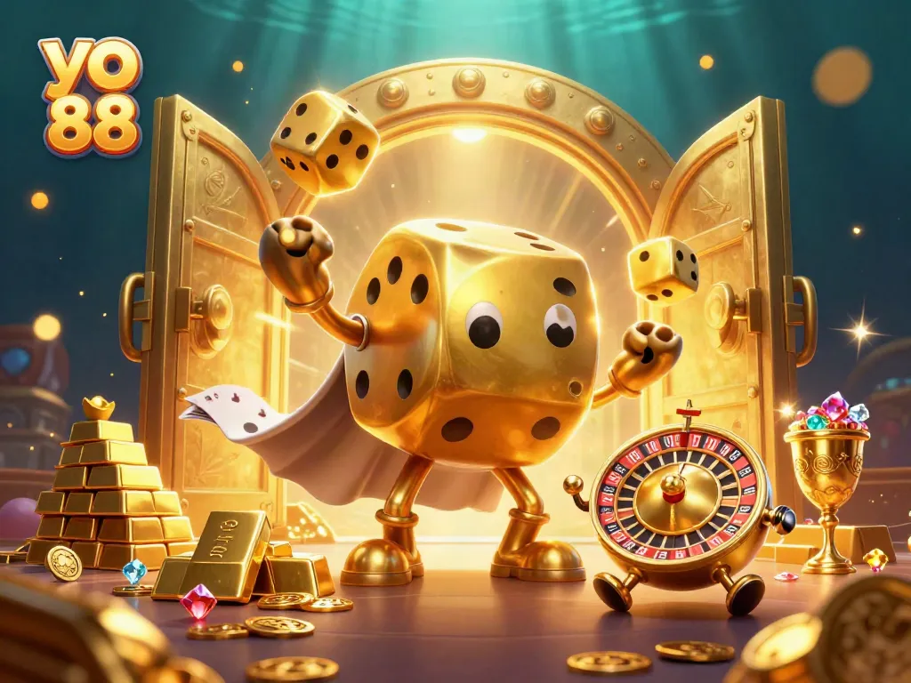 Experience thrilling wins at yo 88 with a vibrant, action-packed casino scene filled with golden treasures.