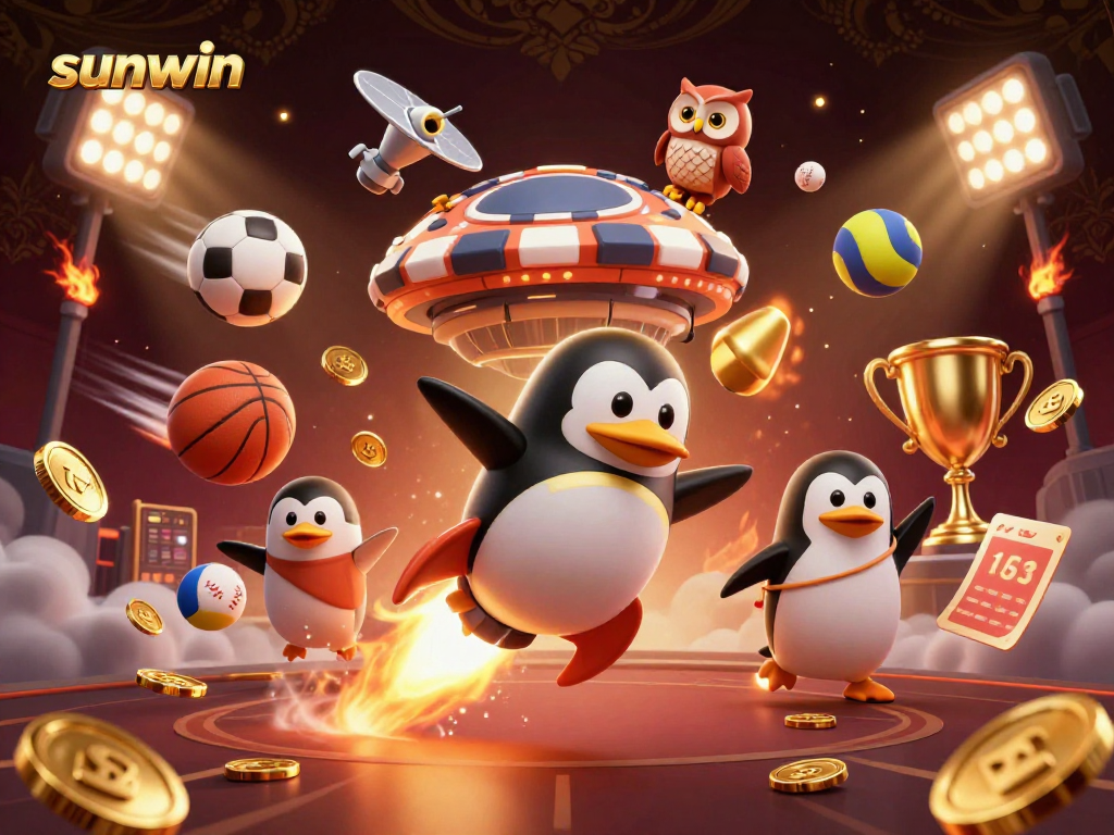 Engaging illustration of the sunwin penguin soaring towards a casino in space, surrounded by dynamic sports elements.