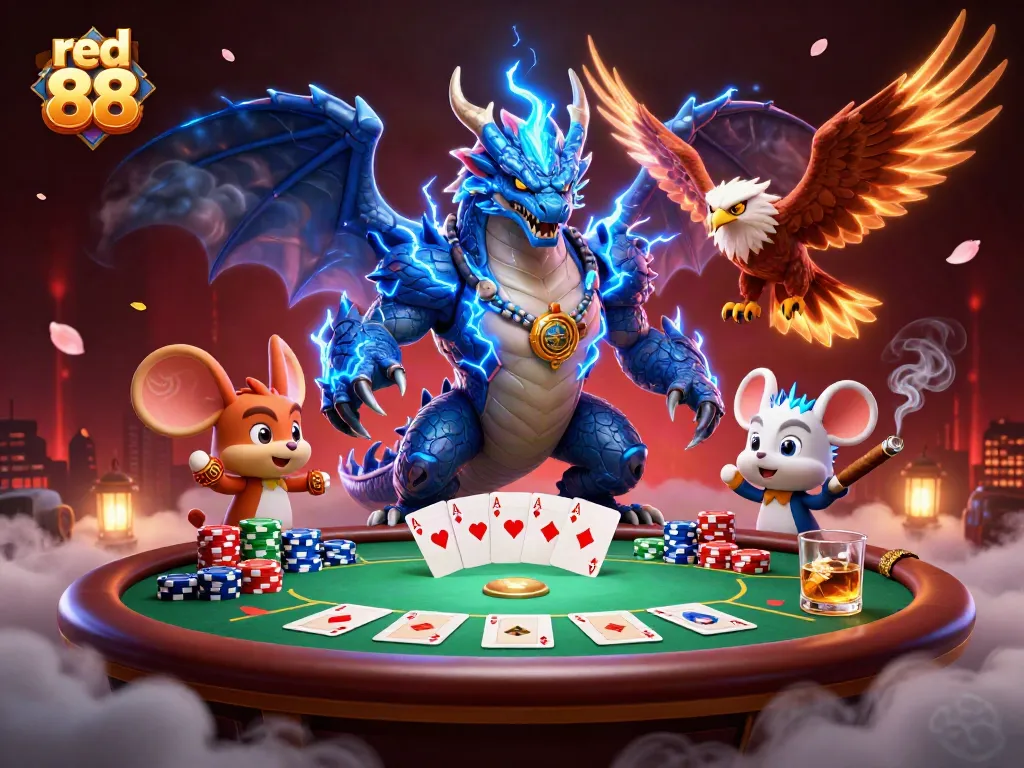 Experience the excitement of red 88 featuring dynamic characters at a poker table filled with gaming elements.