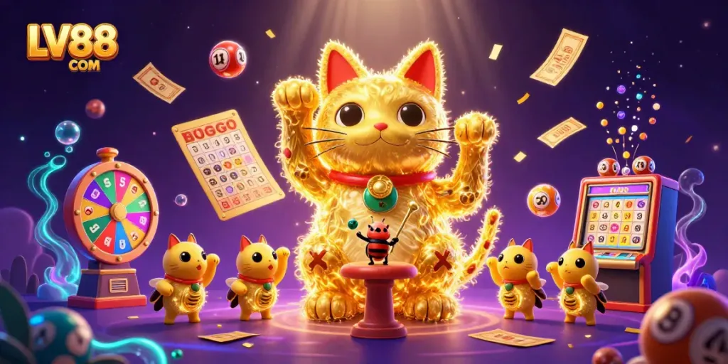 Catch the excitement at LV88 COM with a vibrant display of casino-themed elements and a lucky cat in a dynamic 3D illustration.