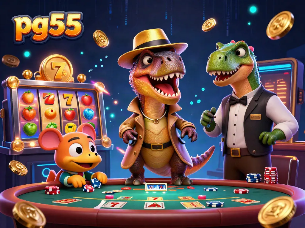 Engage with pg55 as a velociraptor card counter amidst vibrant slot reels and casino action.