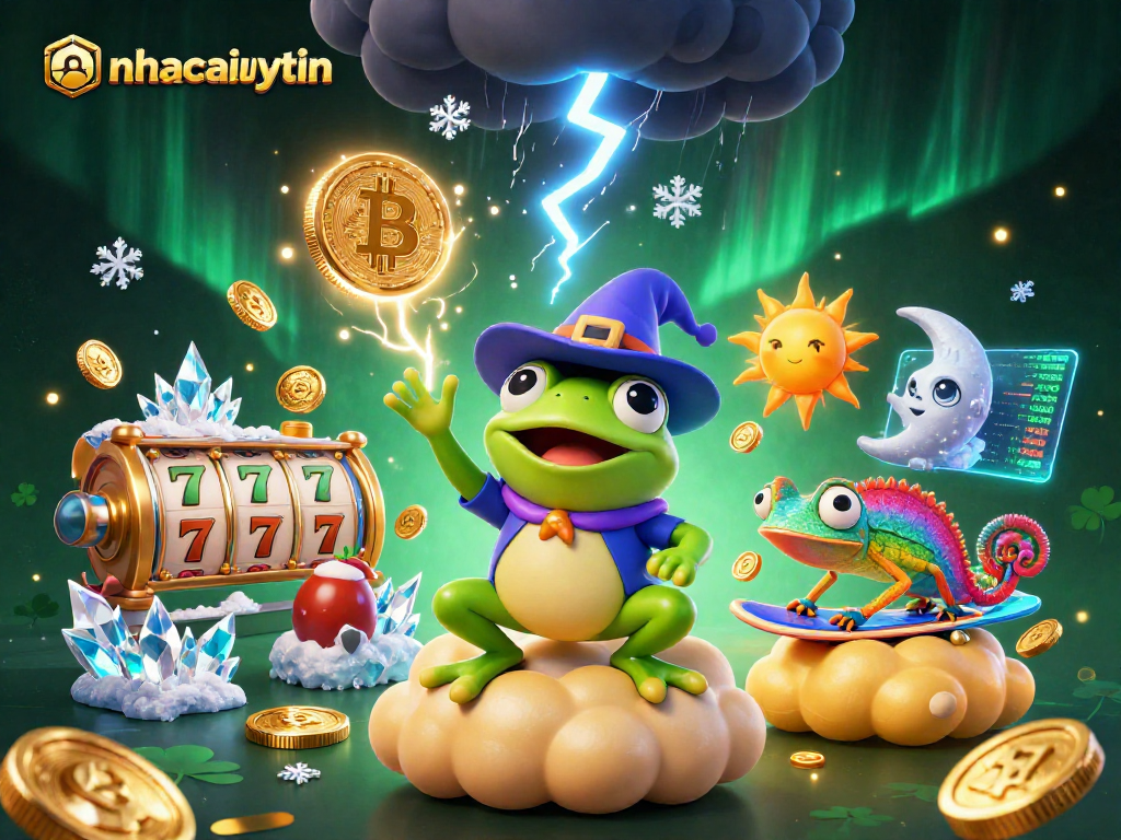 Win big with nhacaiuytin as a wizard frog conjures golden coins in a vibrant casino scene.