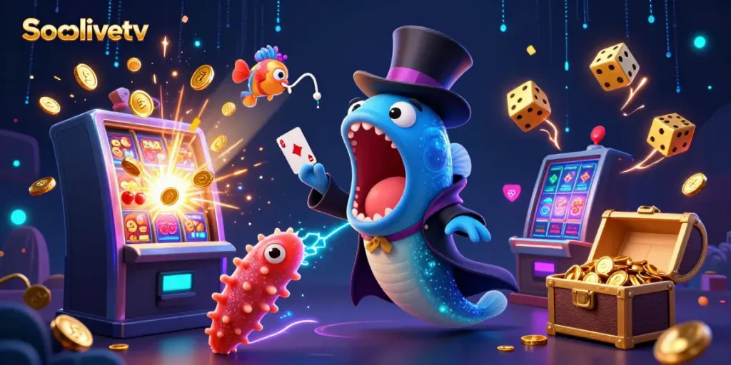 Socolivetv showcases a vibrant casino scene with animated sea creatures performing magic tricks while casino symbols burst around them.