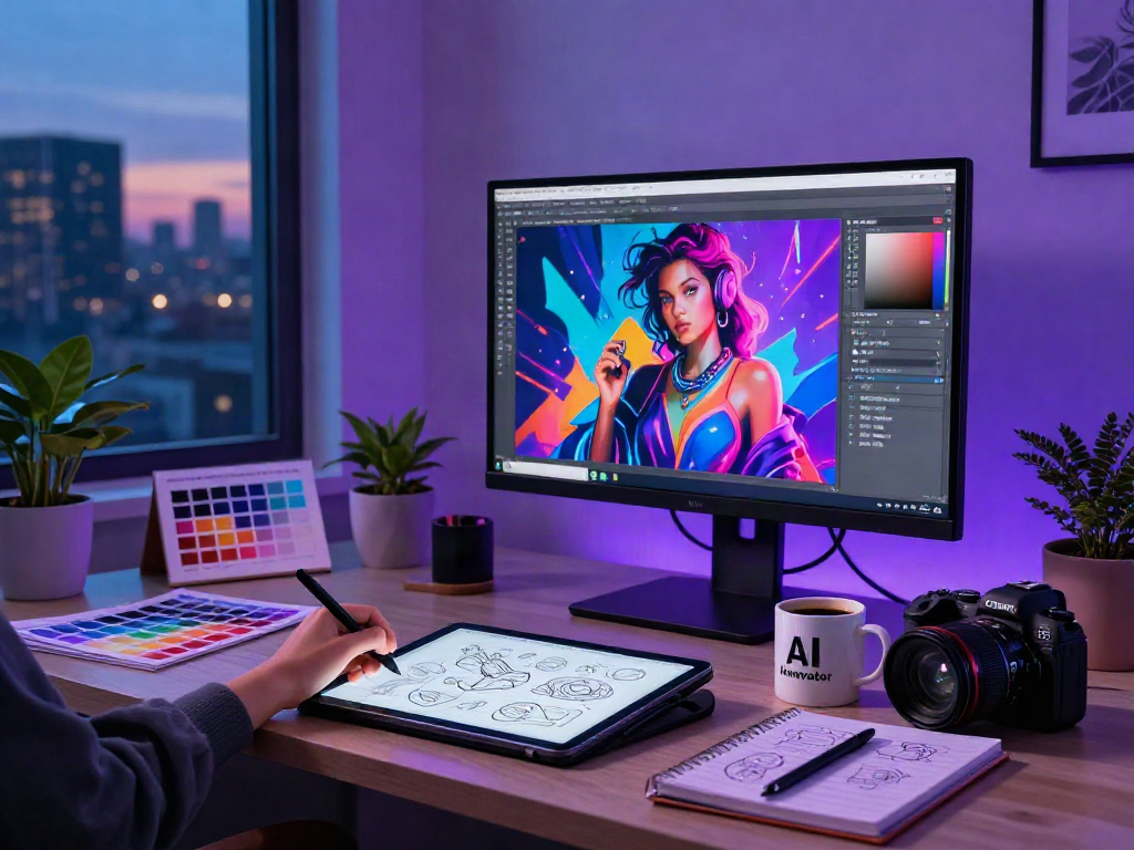 NSFW AI artwork generation workspace with vibrant AI displays and creative tools.