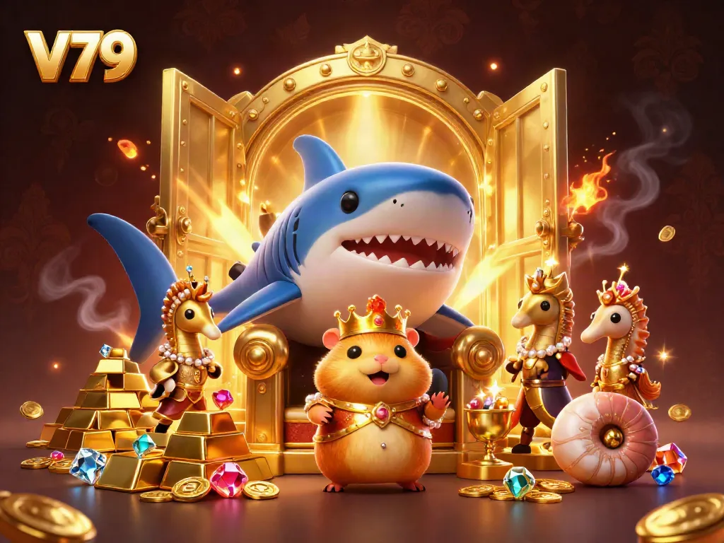 Experience thrilling games at V79, featuring a golden hamster king on a megalodon throne with treasures.