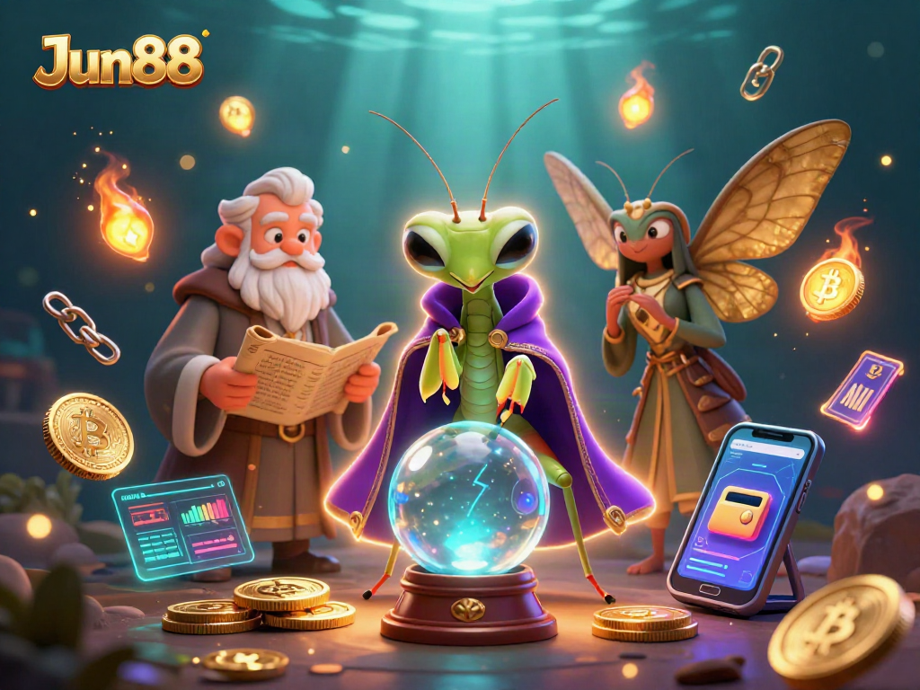 Enhance your experience at Jun88 with vibrant 3D casino illustrations featuring fortune tellers and crypto elements.