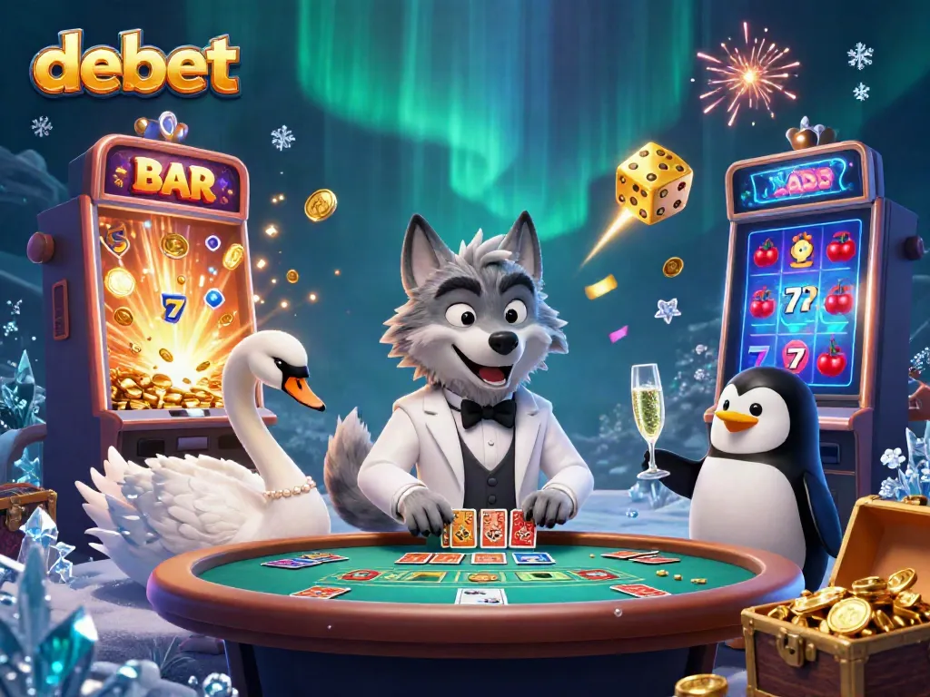 Experience the thrilling debet gaming atmosphere with a debonair wolf, elegant swan, and sophisticated penguin in a vibrant casino scene.