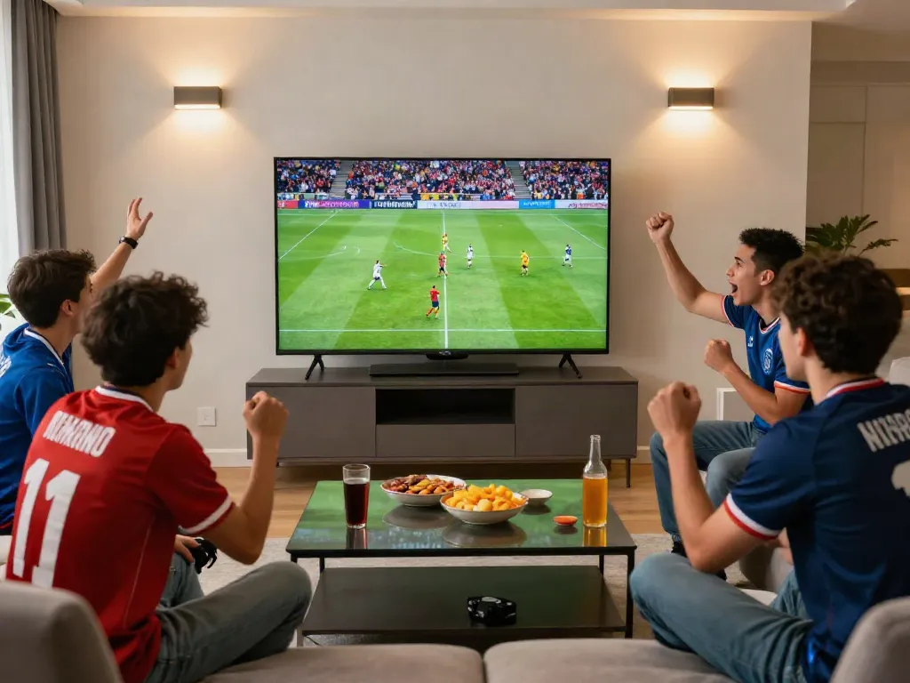 Friends enjoying a live football match on Gavangtv in a vibrant living room setting.