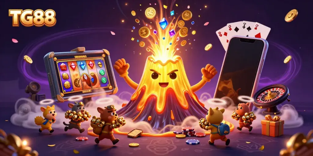 Experience excitement with TG88's golden volcano eruption of treasures and thrilling casino games.