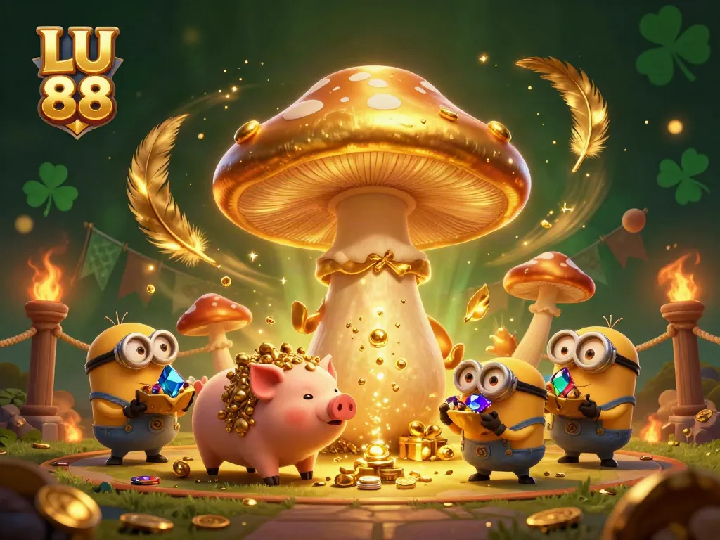 Experience the excitement of LU 88 with this vivid 3D illustration featuring a golden wizard, treasure, and vibrant gaming elements.