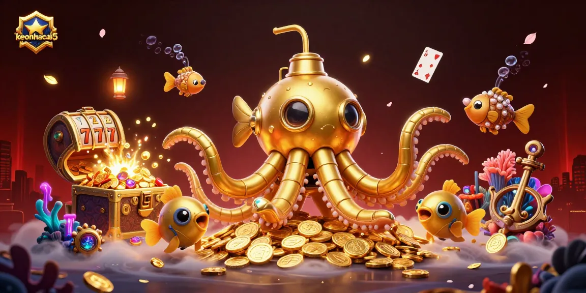 Engage in thrilling gaming action with keonhacai5's vibrant underwater scene featuring a golden kraken and slot reels.