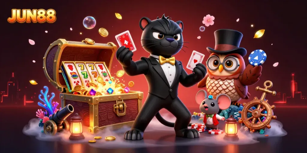 Experience the thrill of JUN88 with stylish characters and vibrant casino elements in an artistic undersea adventure.