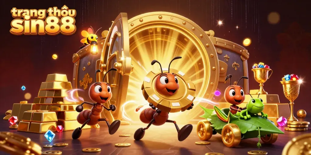 Experience thrilling action at trang chủ sin88 with ants heisting a giant poker chip amid dazzling treasures.