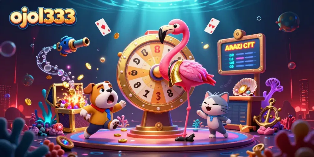 Engage with ojol333 in a thrilling casino scene featuring a game show host and vibrant elements.