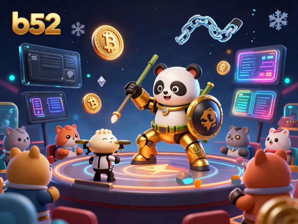 The b52 game experience comes alive with a golden panda piloting a robot in a vibrant casino arena.