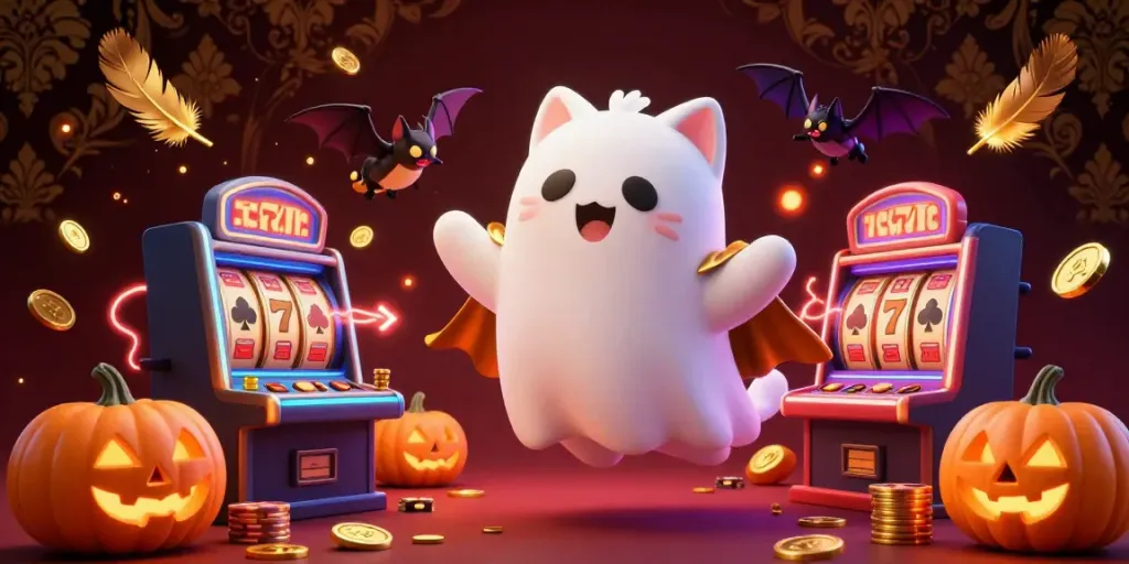 Immerse in a vibrant casino scene with LC88's ghost cat and its bat companion, surrounded by slot elements.