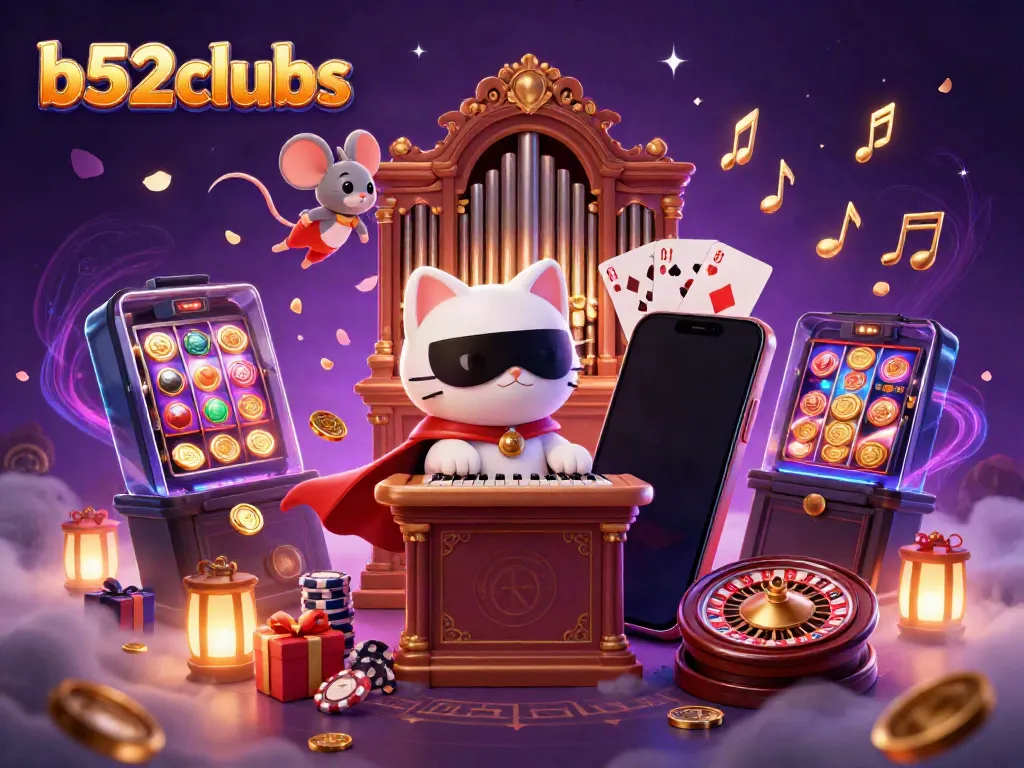 Experience the lively atmosphere of b52clubs with gaming excitement through a colorful 3D casino illustration.