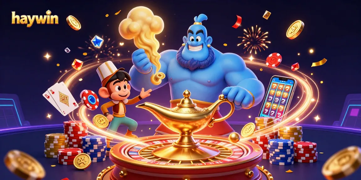 Delve into Haywin's vibrant casino world with a genie, monkey, and a flying magic carpet carrying poker chips.