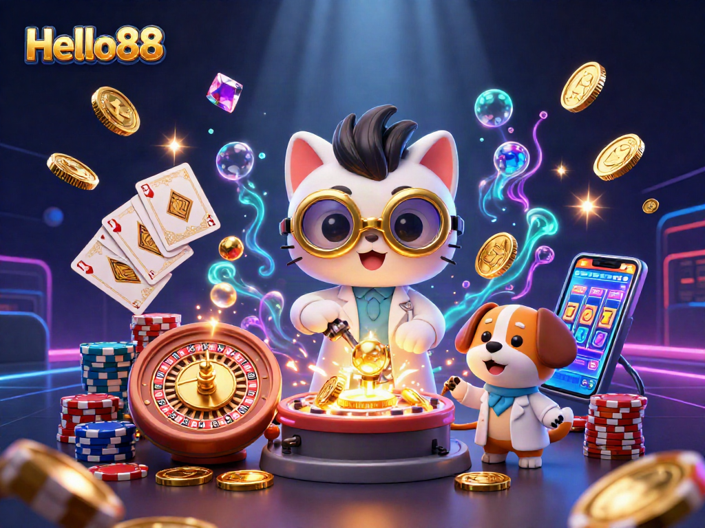 Engage in thrilling gameplay at Hello88 with vibrant slots and gold coins cascading.