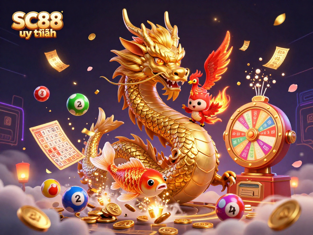 Engage with SC88 uy tín through thrilling visuals showcasing a dynamic 3D casino scene filled with luck and chance.
