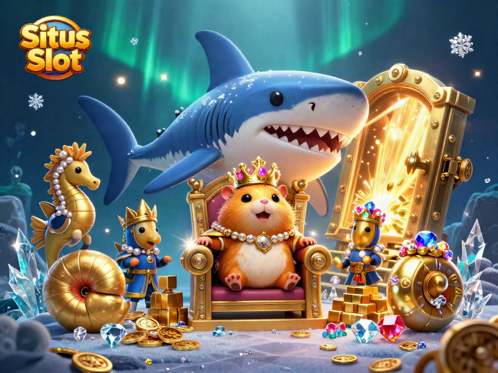 Situs Slot scene with a golden hamster king, seahorse guards, and slot reels surrounded by treasures