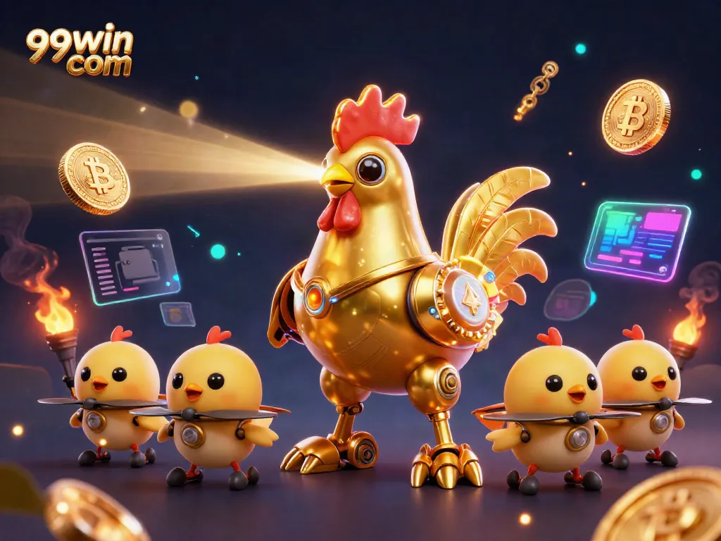 Engage with 99win com in a dynamic casino adventure featuring a golden rooster robot and floating crypto coins.