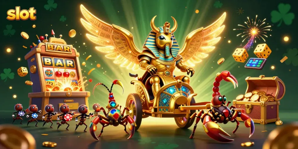 Spin the slot machine while the colossal scarab beetle leads a chariot of luck in this vibrant casino scene.