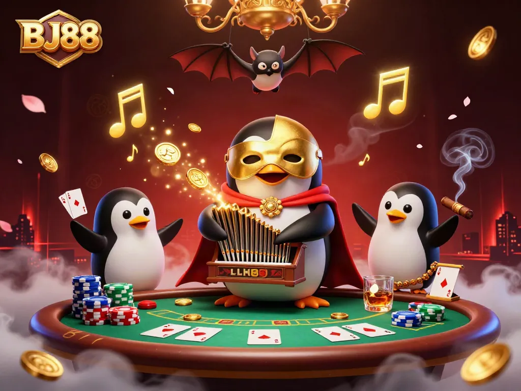 Engage with BJ88 at an immersive casino tableau featuring a whimsical penguin and vibrant gaming elements.