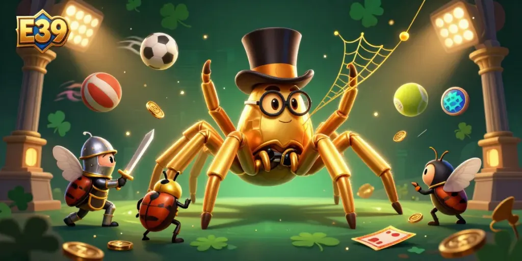 E39 brings excitement in a vibrant casino scene with a golden tarantula, confident beetle knight, and spirited theme.