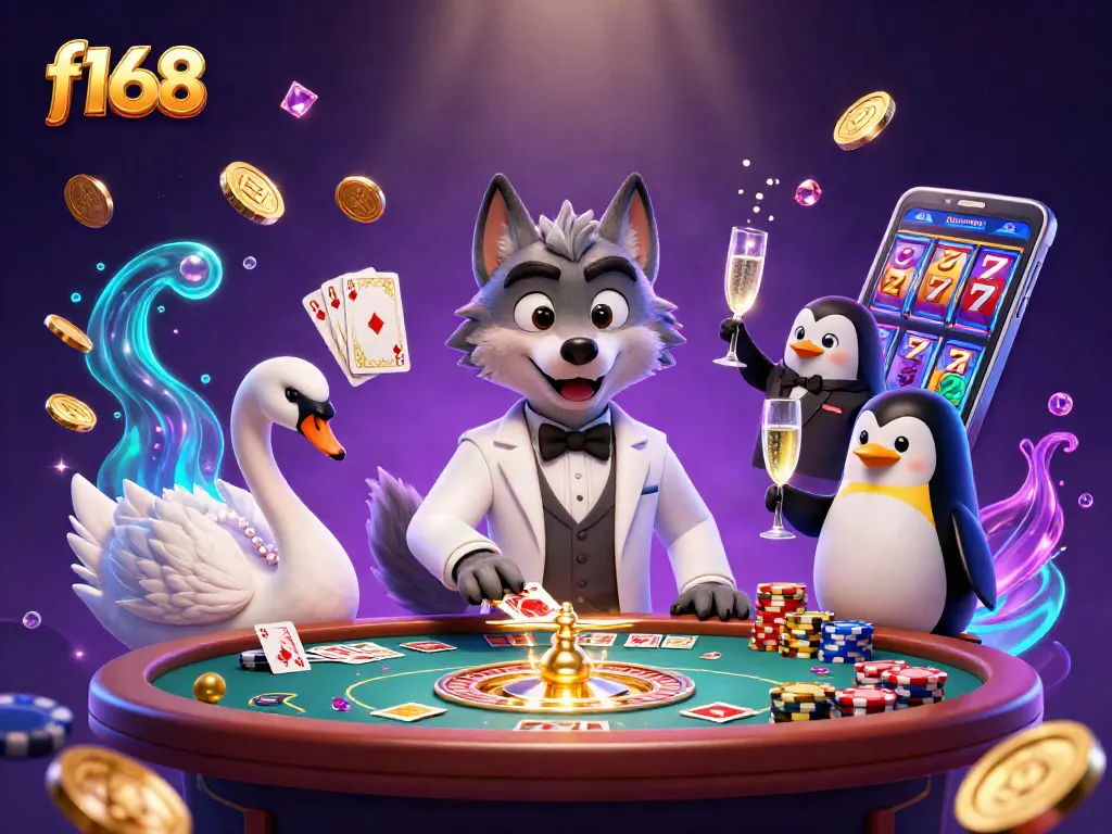 Experience thrilling f168 gaming with a sophisticated wolf, swan, and penguin amid casino riches.