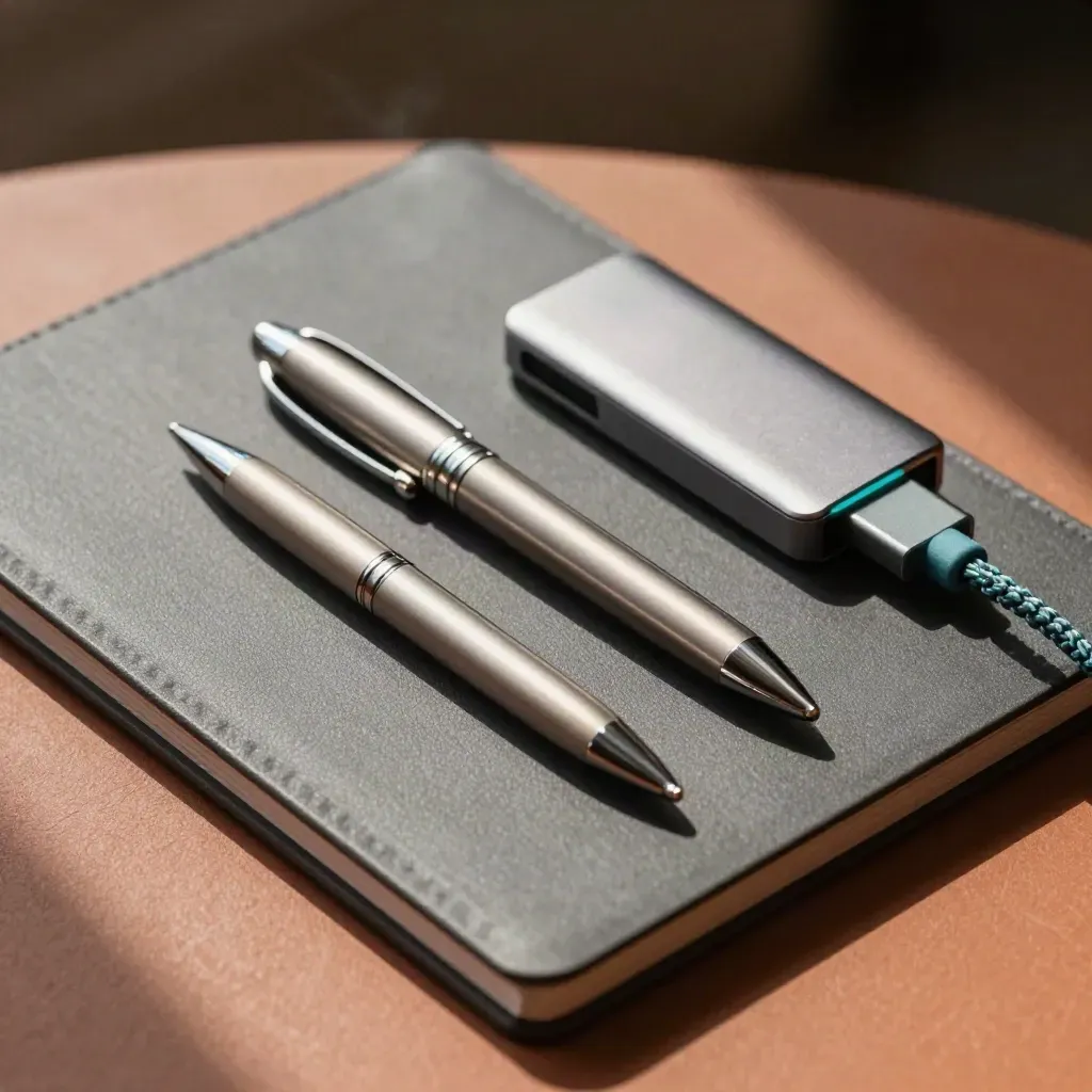 Matte folder, aluminium pen and USB-C hub on terracotta clay, lit by soft window light.