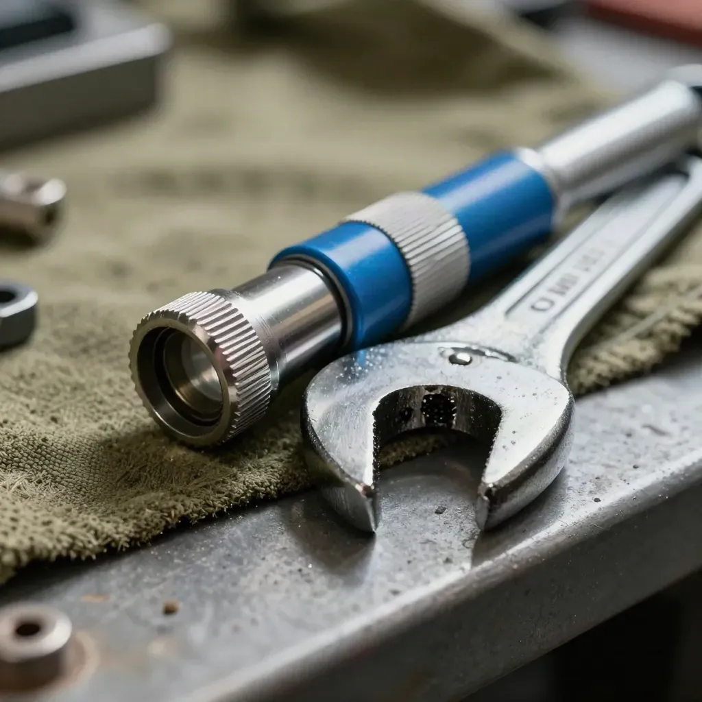 Macro still life of a torque wrench head, inspection torch and connector sleeve on a workshop ledge.