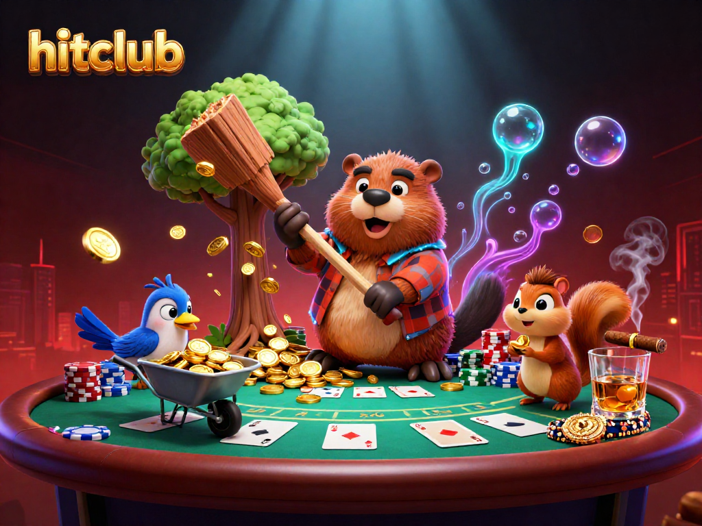 Hitclub showcases a lively casino scene where characters interact with poker elements in a vibrant illustration.