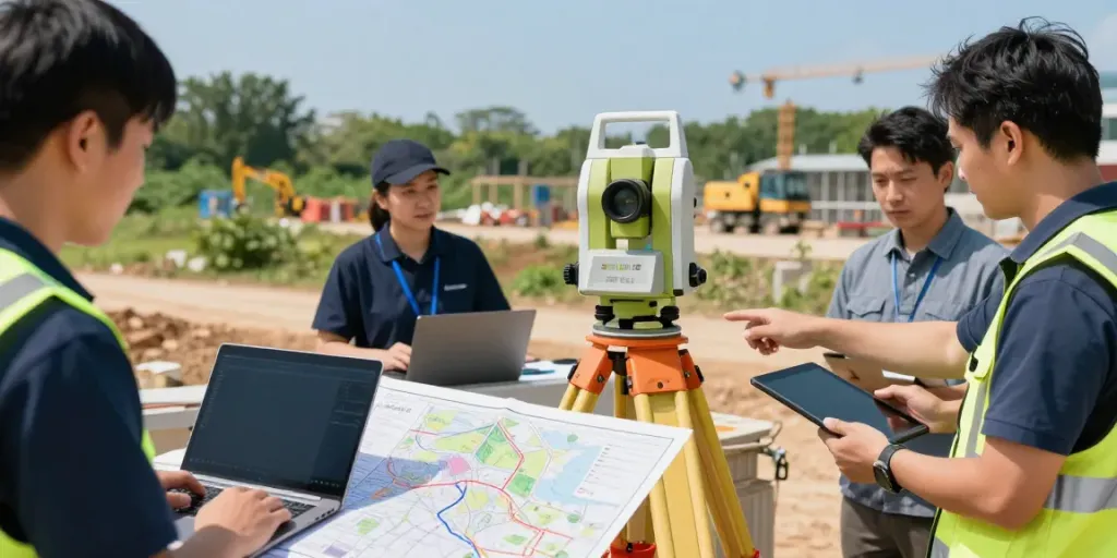 Topographical Survey Surrey: Surveyor using a total station with detailed maps and colleagues discussing site data.