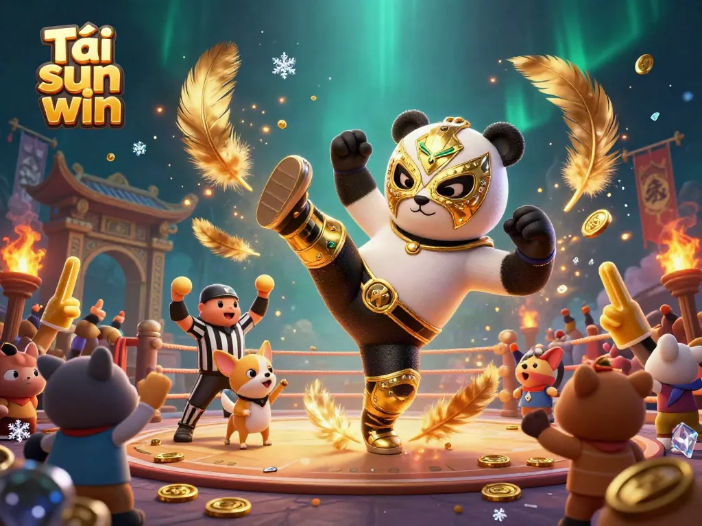 Experience the thrill of Tải sun win in this dynamic 3D casino scene featuring a wrestling panda and cheering animal crowd.