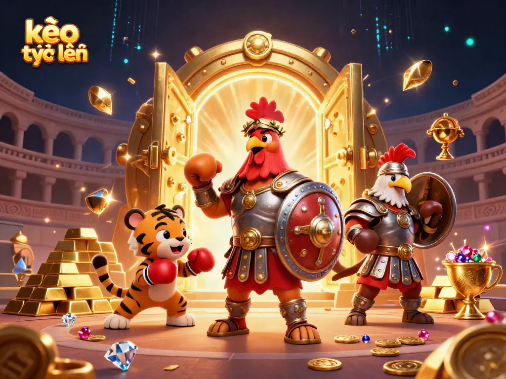 Place your bets with kèo trực tuyến at this thrilling gladiator scene featuring vibrant action elements.