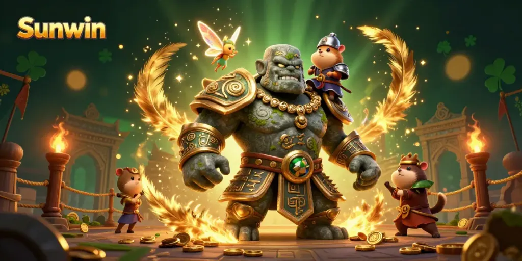 Experience epic gameplay with Sunwin featuring a mystical golem, fairy, and brave knight amid casino elements.