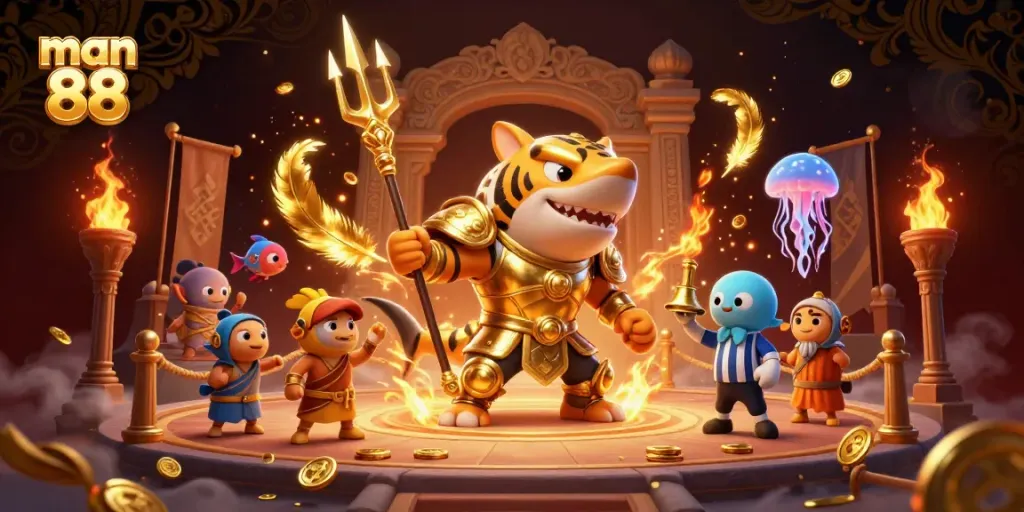 Engaging scene of man 88 with a tiger shark gladiator and cheering fish crowd in an underwater colosseum.