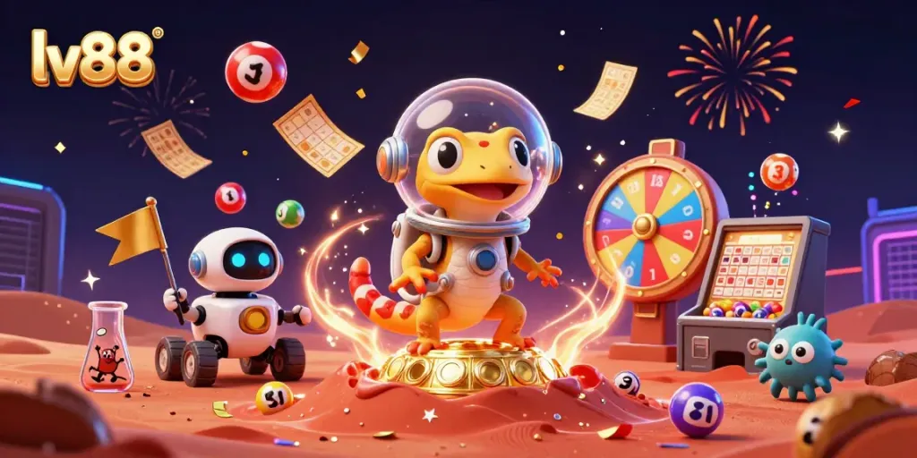 Experience the excitement of lv88 with a Martian gecko discovering a vibrant casino in a whimsical scene.