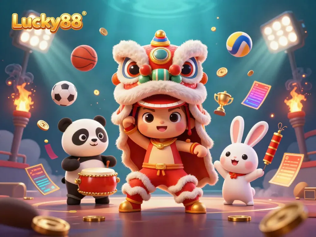 Join the thrilling action at Lucky88 with a lively lion dance, sports balls, and festive symbols of fortune!