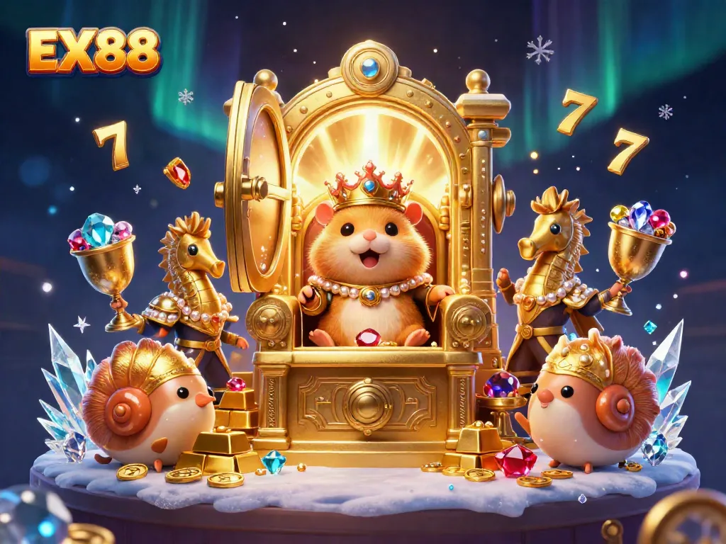 Experience EX88 thrills with a golden hamster king amidst dynamic casino treasures and lucky symbols.