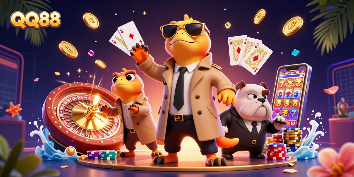 Experience the excitement of QQ88 casino with raptors in a trench coat entering a VIP lounge while spilling golden coins.