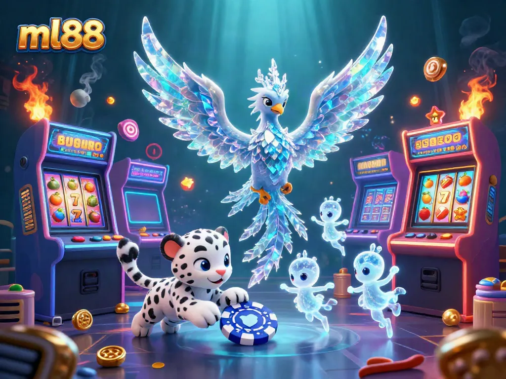 Play and win at ml88 as the ice phoenix and friends dance around vibrant gaming elements.