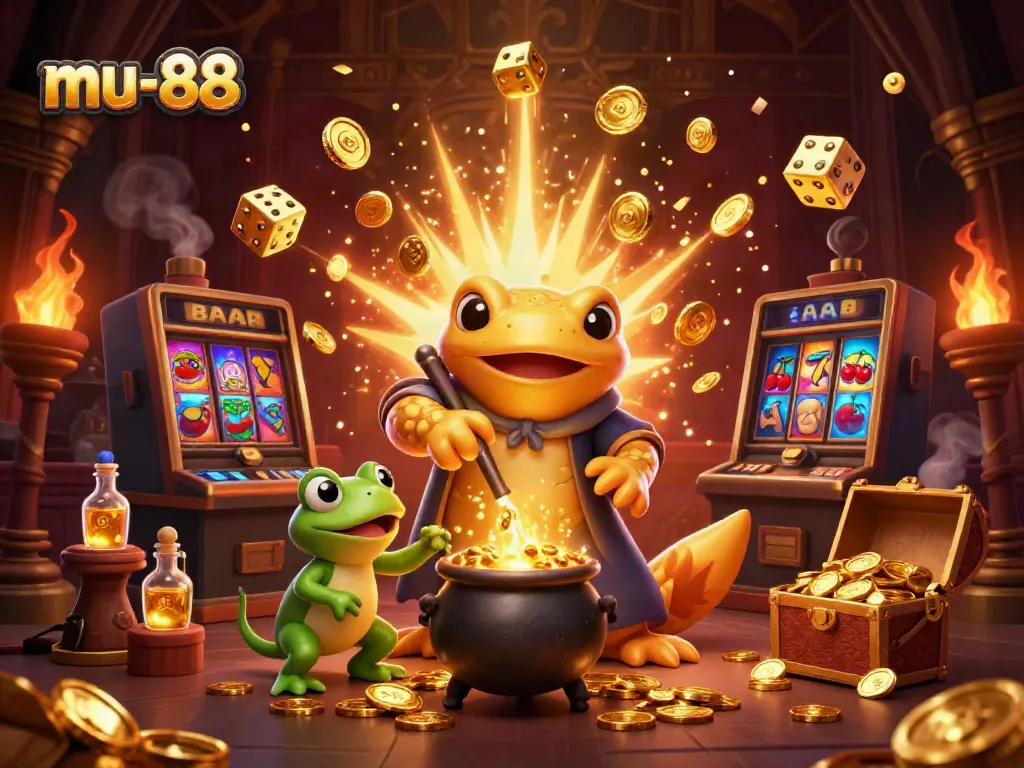 Spin the reels and win with mu-88, featuring a vibrant scene of a casino alchemist and gold treasures.