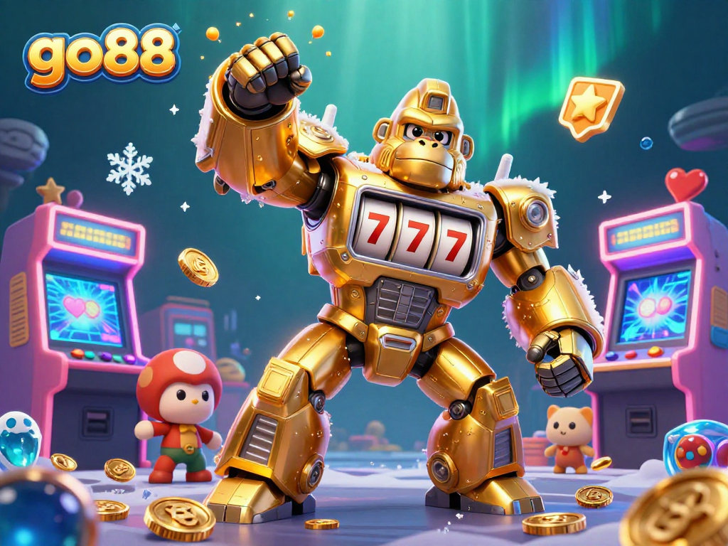 Experience thrilling gaming action with go88 in this vibrant 3D casino scene featuring a golden gorilla mech.