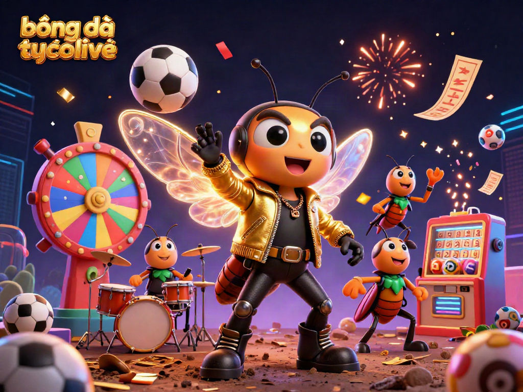 bóng đá trực tuyến socolive vibrant scene featuring a cicada rock star, sports balls, and prize wheels for online betting.