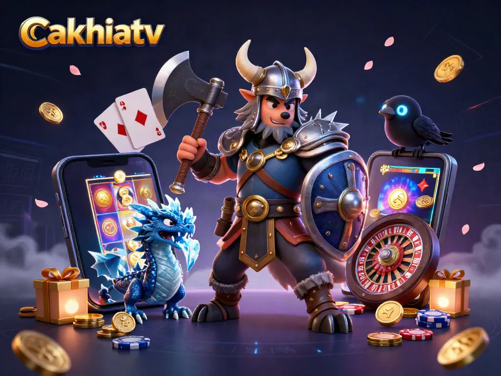 Engage with cakhiatv through a vibrant illustration featuring a Viking wolf warrior, dragon, and gaming elements.